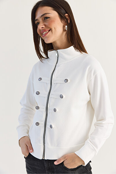 Bianco Lucci Women's White Napoleon Button Detailed Stand Collar Zippered Car...