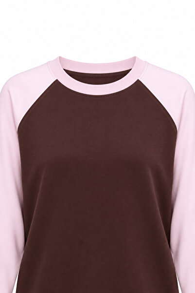 Mixray 2242 Raglan Long Sleeve Double Color Crew Neck T-Shirt Pink