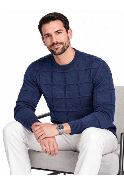 Castello 🧶 Erkek Dokulu Kare Desenli Bisiklet Yaka Triko Kazak – Premium Örg...