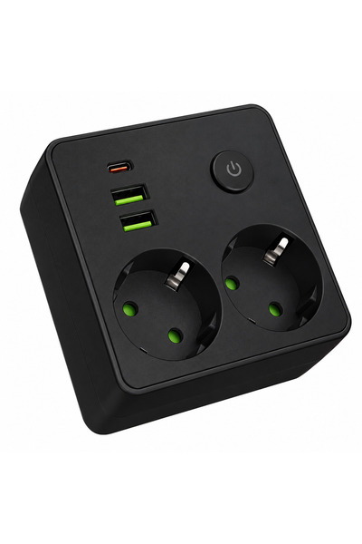 zola Πολύπριζο 5 σε 1, 2500W, 16A, 2 πρίζες ΕΕ, 2 USB, USB-C, διακόπτης, μαύρο