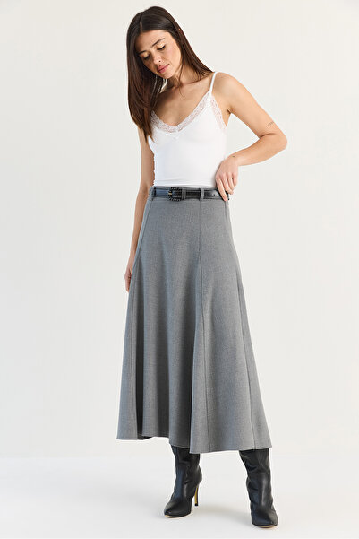 Bianco Lucci Women's Anthracite Belted A-Line Long Skirt 4420 60286523