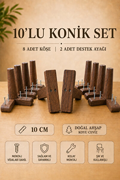 LEGORA WOOD DESIGN 10 Cm Koyu Ceviz Konik Ahşap Mobilya Ayakları 10'lu Set Kö...