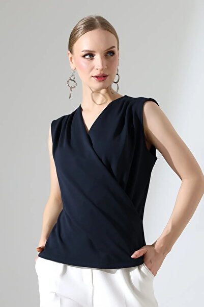 DİVİSTA Women's Double-Breasted Draped Modal Navy Blue Blouse