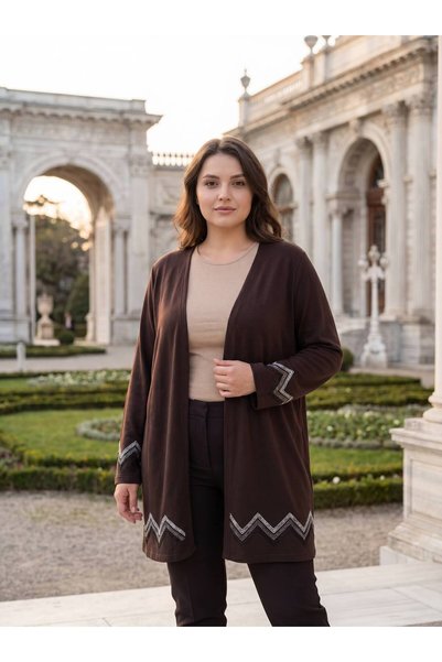 wearon tekstil سترة نسائية من القماش الكريستالي ذات أكمام وحواف مزينة بالأحجا...
