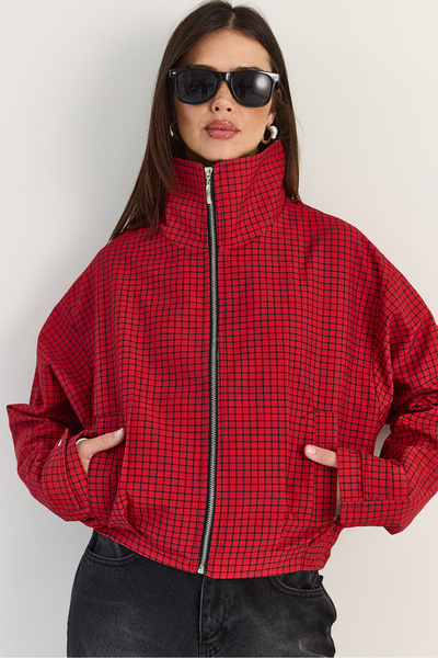 Bianco Lucci Women's Micro Plaid Stand Collar Lined Pocket Zipper Bomber Jack...