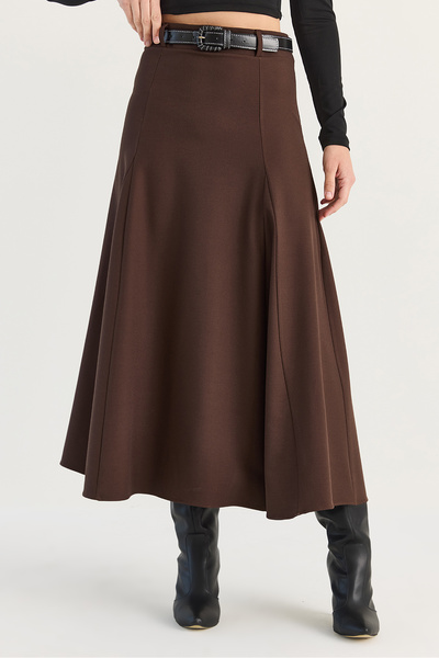 Bianco Lucci Women's Bitter Brown Belted A-Line Pieced Long Skirt 4420 60286523