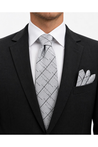Brianze 8 cm Gray Black Patterned Tie and Handkerchief Set