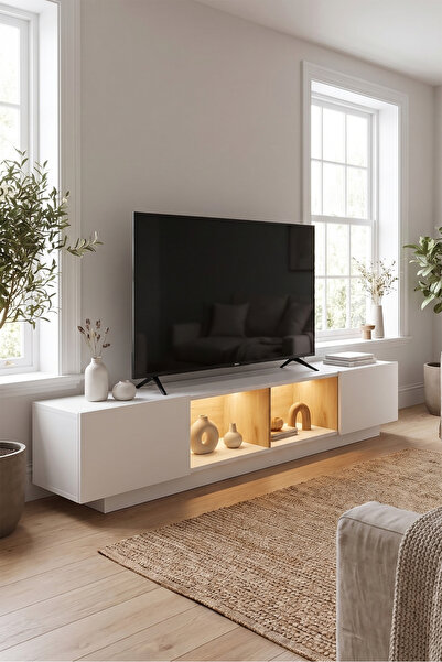Yurudesign Yoda Neon Led Işıklı 200cm Tv Ünitesi Tv Sehpası Sepet-Beyaz YD25-SW