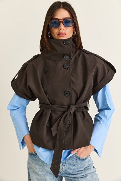 Bianco Lucci Women's Bitter Brown Stand Collar Epaulet Detailed Belted Short ...