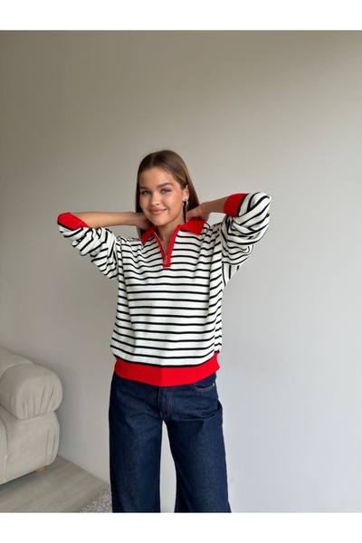 LAMİFUSTORE Women's Black Striped Polo Collar Zippered Oversize Knitwear Sweater