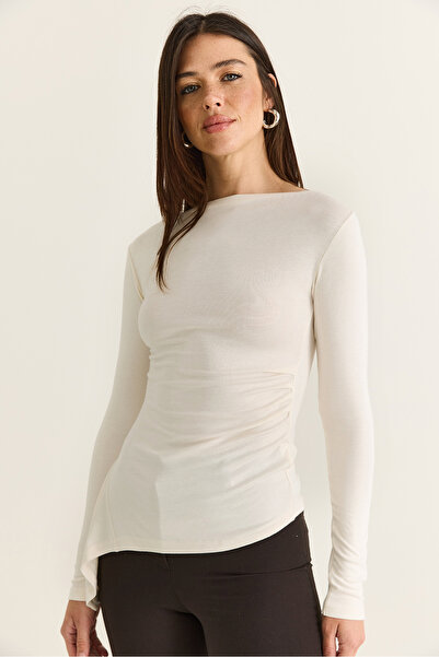 Bianco Lucci Women's White Boat Neck Draped Asymmetrical Long Sleeve Modal Bl...
