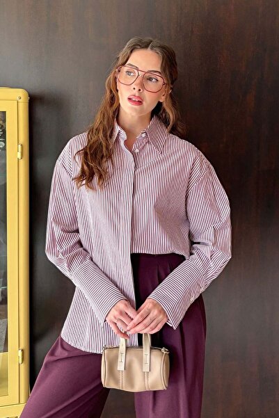 Ceylan Otantik Bordo Çizgili Oversize Poplin Gömlek