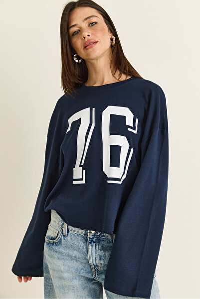 Bianco Lucci Women's Navy Blue Print Detailed Long Sleeve Oversize Modal Blou...