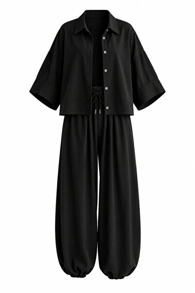 Laluvia Black Snap Detailed Elastic Cuffed Poncho Set - 4181