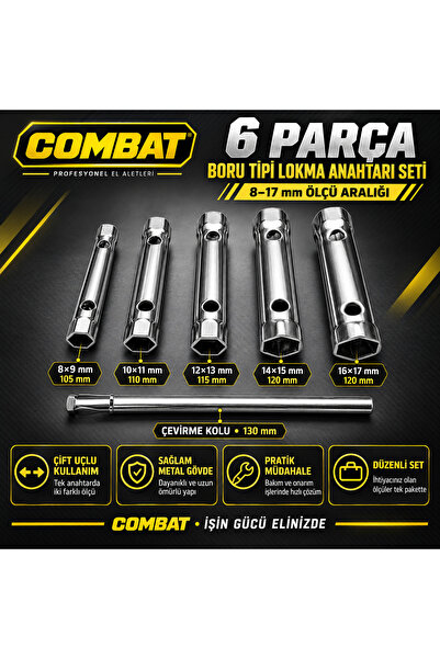 COMBAT 6 Parça Boru Tipi Kovan Lokma Takımı Buji Anahtar Seti 8mm-17 mm CRV