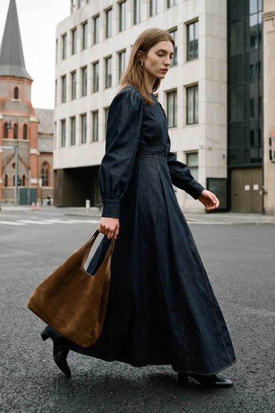 Hooopstore Vera Bağlama İp Detaylı Denim Lacivert Elbise