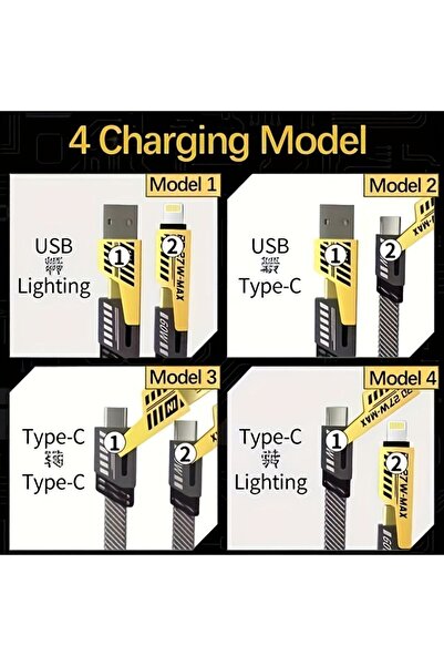 Generic كابل شحن سريع 4 في 1 متوافق مع أجهزة آيفون وسامسونج وآيباد، موصلات USB وUSB-C، مزود بتصميم مضفر لمزامنة البيانات، بقدرة 65 واط و27 واط كحد أقصى، لأجهزة سامسونج وآيباد، مع منافذ Lightning وType-C.