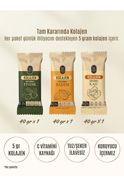3'lü Deneme Seti - Kolajen Kaplı, C Vitaminli Sağlıklı Atıştırmalık (Fındık, Badem, Kaju)