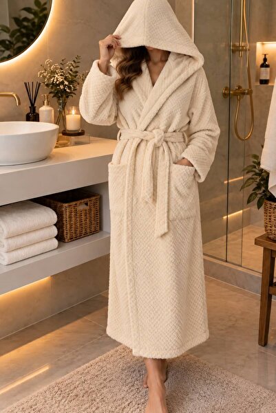 AHSEN TASARIM 100% Cotton Long Soft Textured Bathrobe with Pockets and Belt