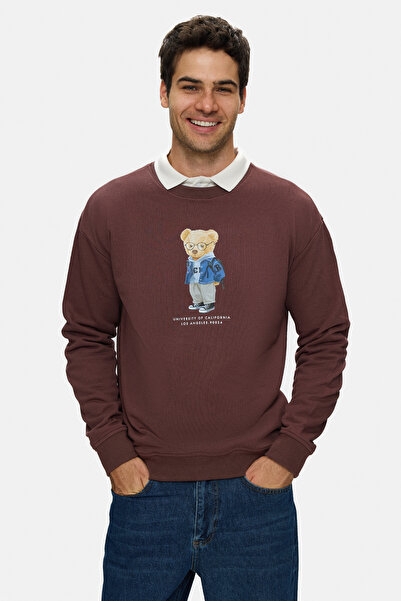 UCLA ROCKY Koyu Kahve Bisiklet Yaka Pamuklu Baskılı Loose Fit Erkek Sweatshirt