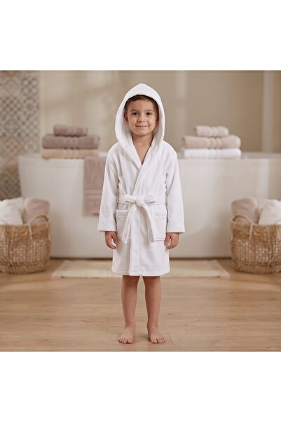 Karahanlı Home Triga 100% Cotton Soft Textured Children's Bathrobe White