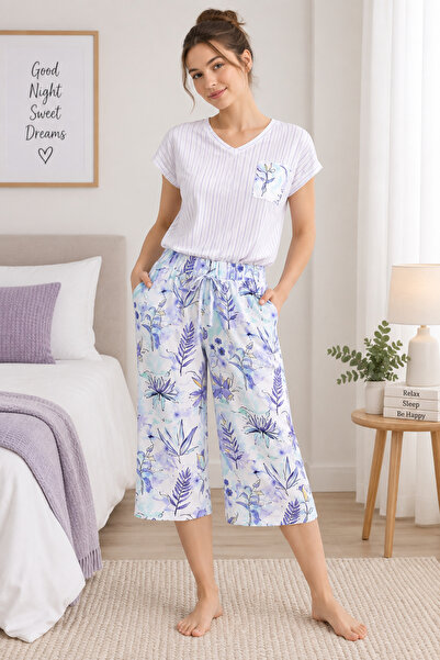 Arnetta Pijama dama cu maneca scurta si pantalon 3/4, imprimeu floral