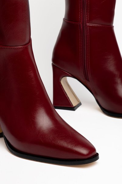 Hayalimdeki Ayakkabı Gisella Women's Burgundy Shiny Leather Special Design Heeled Boots