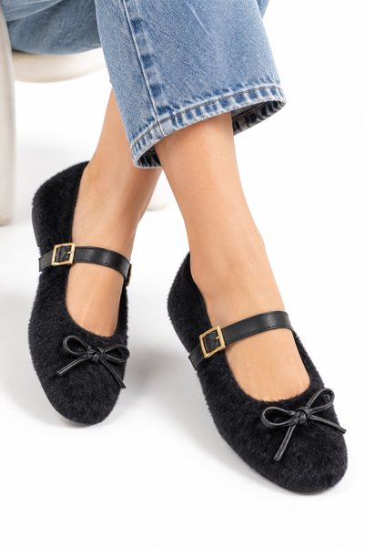 FootFrenzy Lavina Women's Plush Ballerina Shoes with Buckle and Bow, Mary Jane Model, Daily Ballerinas