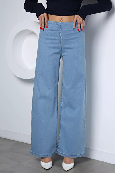 TOZLU Mavi Kadın Bel Lastikli Bol Paça Jean Kot Pantolon