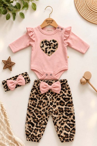dinamik çocuk Girl baby set leopard patterned 3-piece girl baby set body-bott...