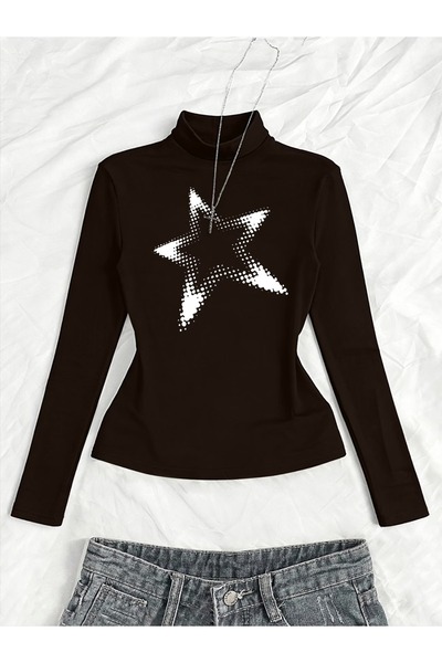 Toum Long Sleeve Star Graphic Printed Turtleneck Blouse Body