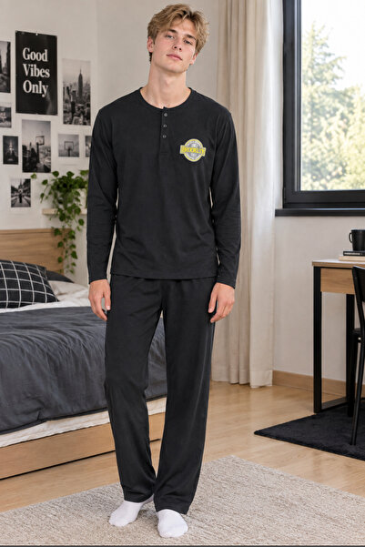 Arc Men's Black Pajama Set Long Sleeve Brooklyn Printed Relaxed Fit
