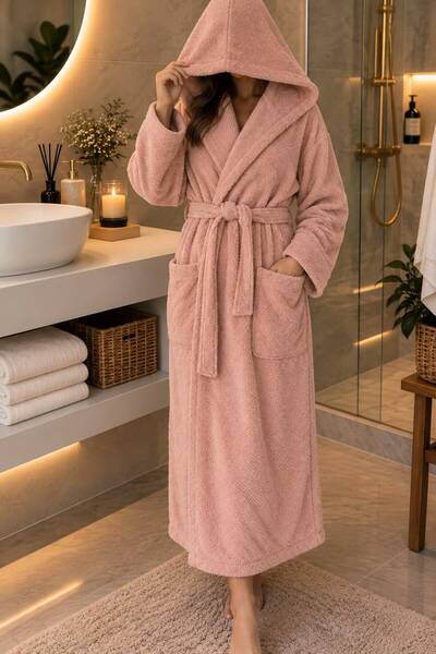 AHSEN TASARIM 100% Cotton Long Soft Textured Bathrobe with Pockets and Belt