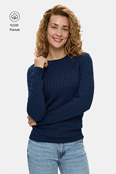 UCLA SHANU Lacivert Bisiklet Yaka %100 Pamuk Nakışlı Standard Fit Kadın Triko