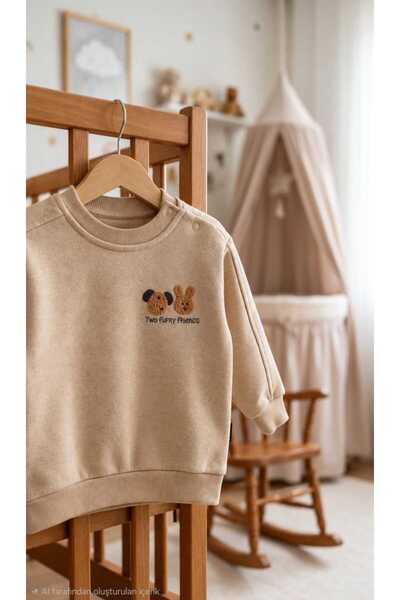 Tuffy Kids Bej Ayıcık ve Tavşanlı Nakışlı Bebek Sweatshirt – Unisex Pamuklu S...