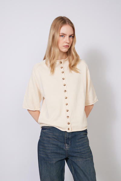 Nisan Cardigan tricotat cu guler înalt, mâneci raglan și nasturi, ecru