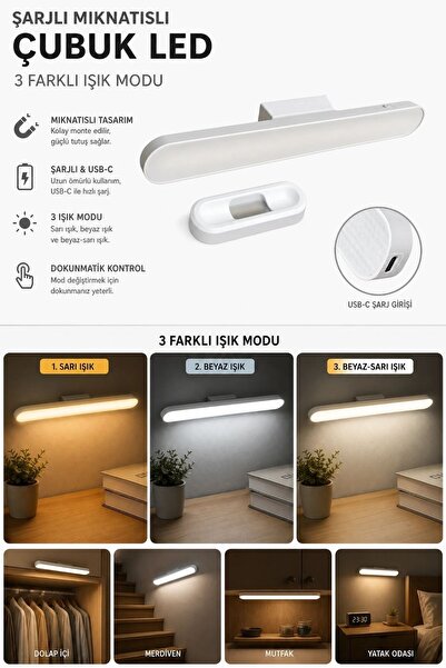 Buffer ® Şarjlı Manyetik LED Çubuk Lamba, Dokunmatik, 3 Modlu, Kablosuz Mutfa...