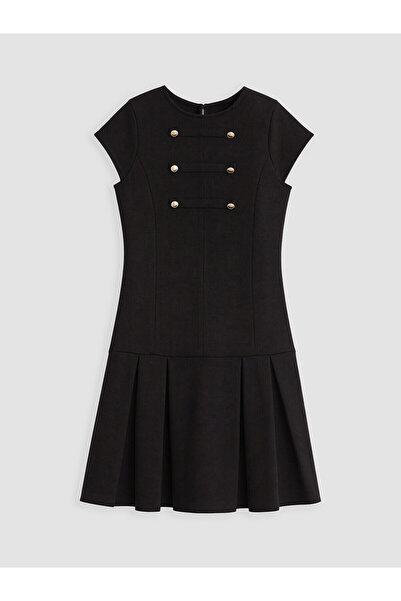 LC Waikiki Lcw Kids Black Button Detailed Girls Pleated Dress with Nevavm Dif...