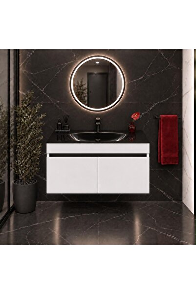 BENA Dandi Beyaz - Siyah Cam Lavabolu MDF Banyo Dolabı 100 CM