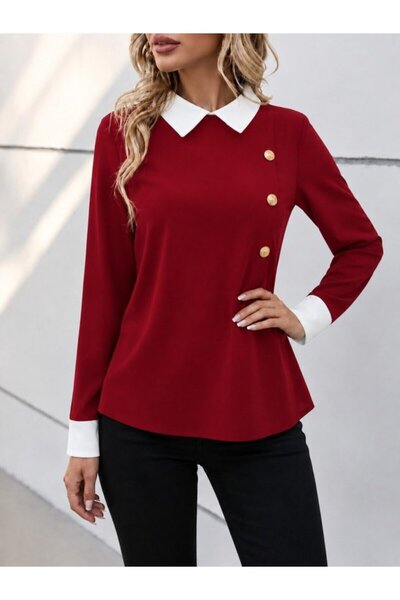 DRESSIFY WOMEN’S FASHION Bluză elegantă din crep, cu mânecă lungă, guler alb și detalii cu nasturi, pentru femei