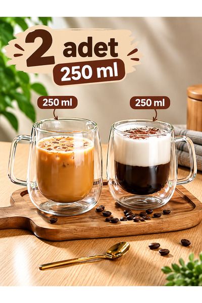 Genel Markalar 2 Adet Çift Çidarlı 250 Ml Kahve Bardağı Isıya Dayanıklı Kulpl...