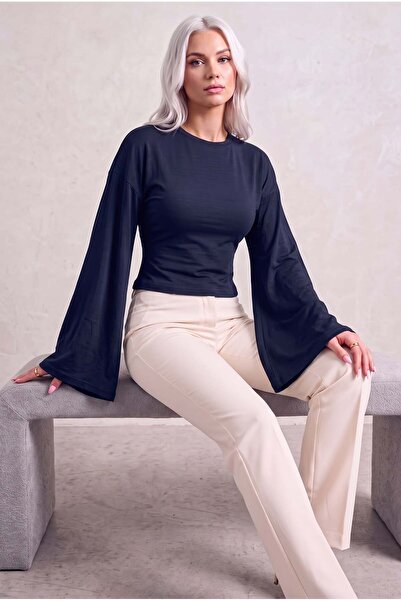 Teenage Millionaire Women's Navy Blue Crew Neck Waist-Fitted Spanish Long Sle...