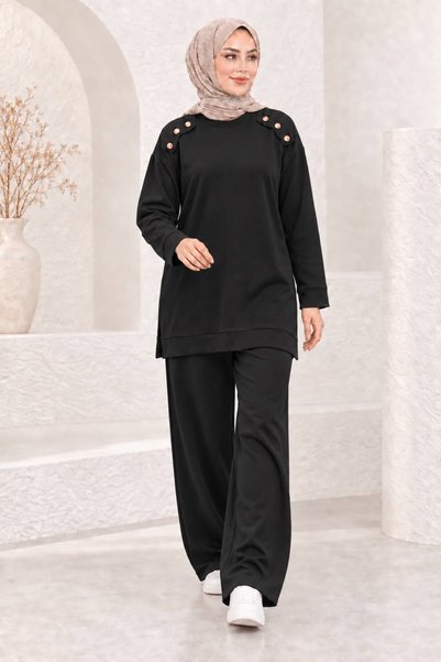 HIRA CO. Women's Shoulder Copper Button Detailed Crew Neck Oysho Fabric Wide ...
