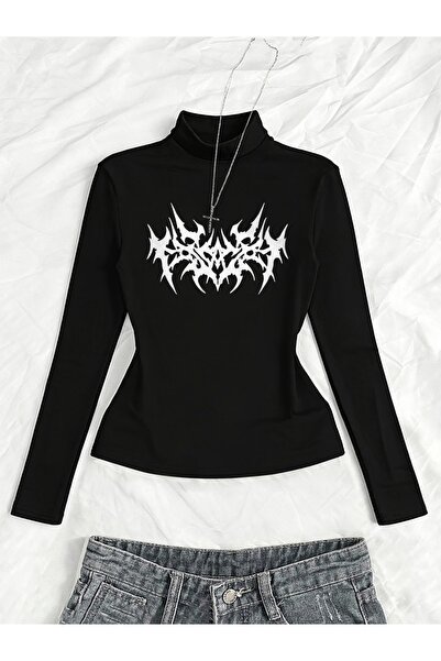 Toum Long Sleeve Gothic Graphic Printed Turtleneck Blouse Body