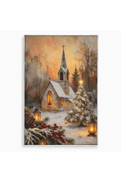 Luxcanva Tablou Canvas Biserica De Craciun 70x100 cm cu Rama Argintiu Lacas I...