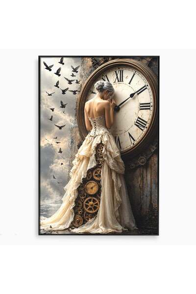 Luxcanva Tablou Canvas Femeie Si Ceasul Timpului 80x120 cm cu Rama Negru Eleg...