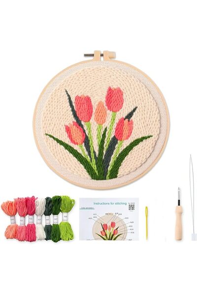 KASTWAVE Punch Needle Embroidery Kit, Tulip Floral Design with Wooden Hoop, Y...