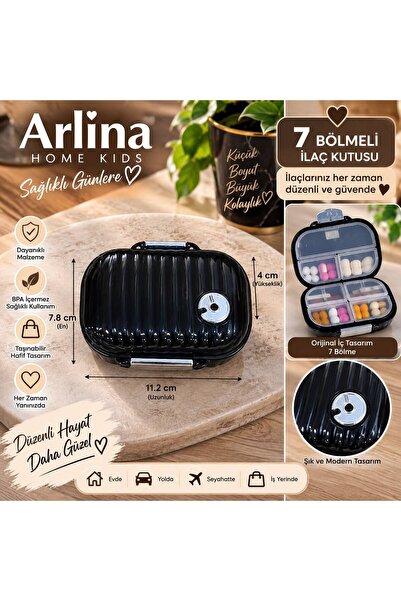 Arlina Home Kids Taşınabilir Seyahat İçin 7 Bölmeli Siyah Büyük İlaç Kutusu