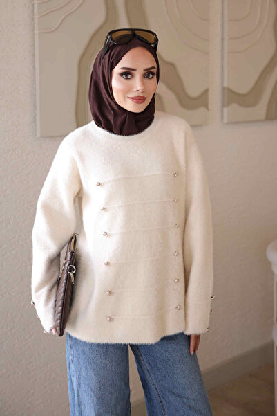 İmajButik Cream Button Detailed Angora Knitwear Sweater