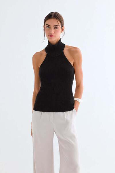 Silk and Cashmere Siyah Paloma Saf Kaşmir Boğazlı Sırtı Açık Triko